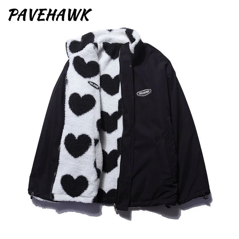 Women Double-Sided Lamb Fur Plush Coat Couple Loose Heart Print Love Padded Jackets Casual Zipper Winter Stand up Collar Outwear