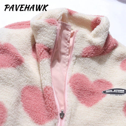 Women Double-Sided Lamb Fur Plush Coat Couple Loose Heart Print Love Padded Jackets Casual Zipper Winter Stand up Collar Outwear