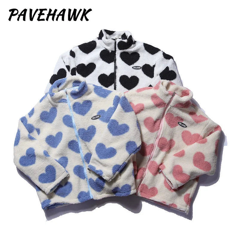 Women Double-Sided Lamb Fur Plush Coat Couple Loose Heart Print Love Padded Jackets Casual Zipper Winter Stand up Collar Outwear