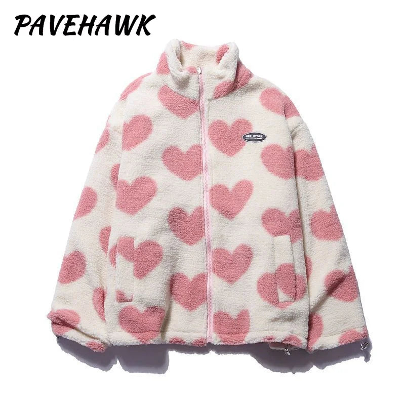 Women Double-Sided Lamb Fur Plush Coat Couple Loose Heart Print Love Padded Jackets Casual Zipper Winter Stand up Collar Outwear